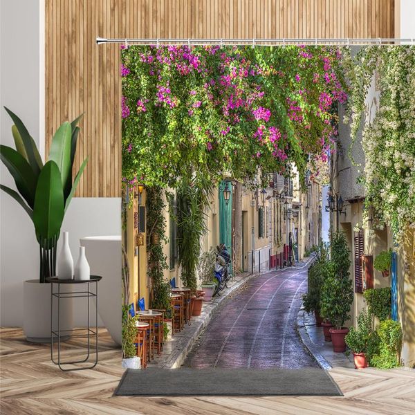 

shower curtains 3d street view curtain european town architecture landscape flowers plant bathroom bathtub decoration with hooks
