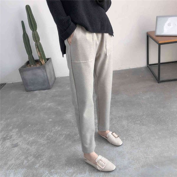 

autumn women elastic woolen pant female plus size casual trousers harem pants winter wool ankle-length 920g 210420, Black;white