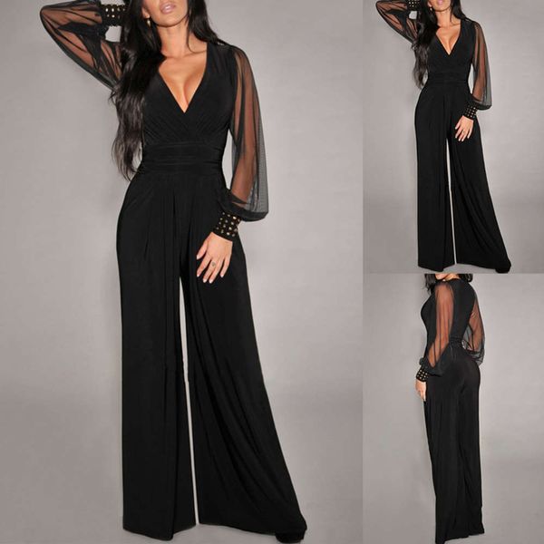 

women's v-neck mesh splicing straight jumpsuit, Black;white