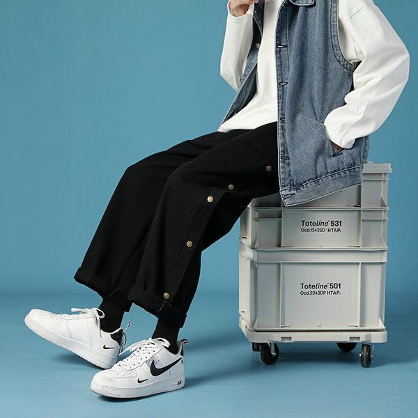 

men and women korean style trousers casual jogger ankle-length buttons pants minimalist straight leg size m-3xl men's, Black