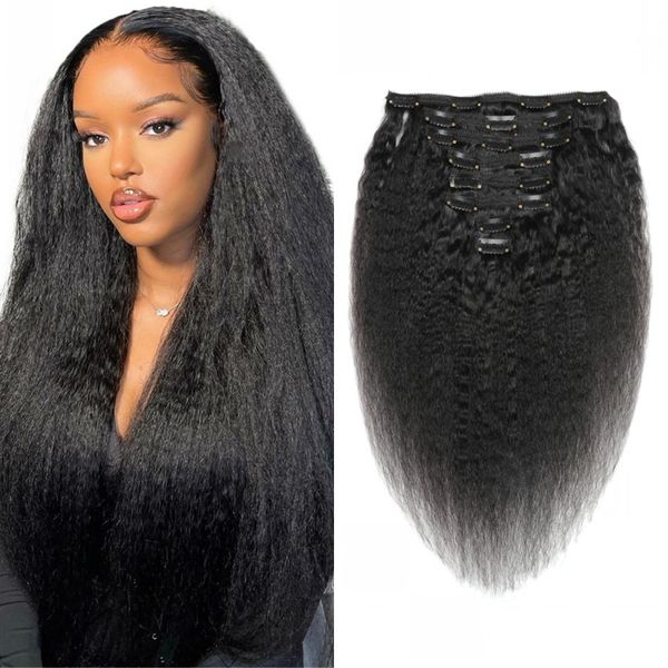 

kinky straight clip in human hair extensions 120g brazilian coarse yaki clips ins 8pcs/set wefts 8-22 inch, Black;brown