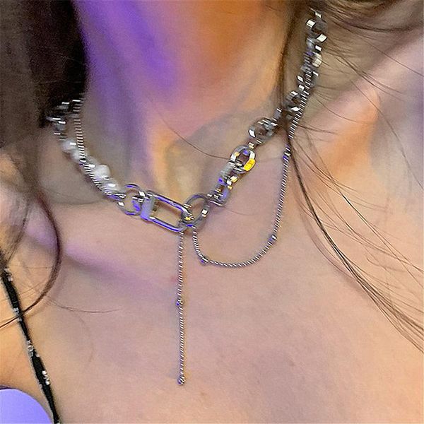 

chains modern jewelry titanium steel pendant necklace 2021 design pearl splicing hip hop chain for girl lady gifts, Silver