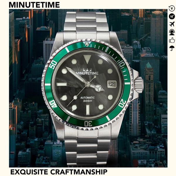 

wristwatches vintage 1960 watch nh35 automatic movement green luminous steel case ratchet 120 clicks acrylic dome crystal black marble dial, Slivery;brown