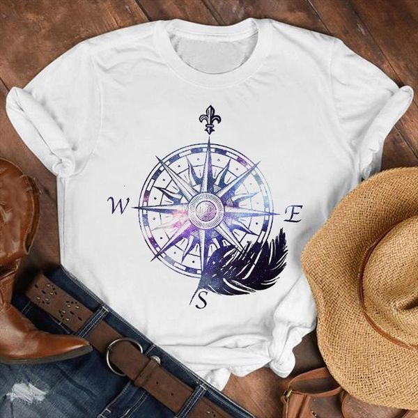 

feather compass cute geometric women t shirt 90s fashion clothes print tee graphic, White