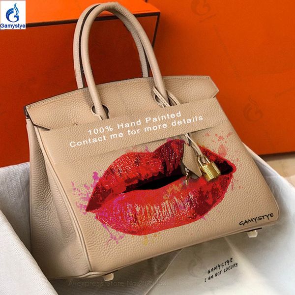 

original 100% genuine leather bag retro embossed cowhide women handbags paint red lips crossbody hobos bags