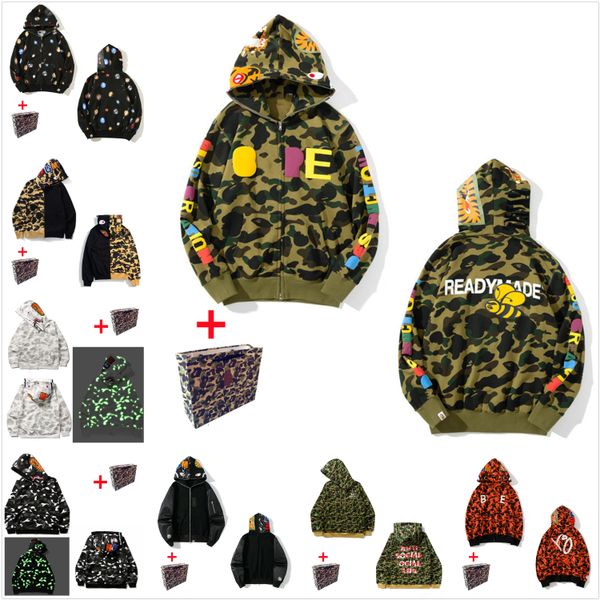 

apes men's shark hoodies women's cardigan hooded jacket luminous camouflage star head m-3xl bring tote bag 0201, Black