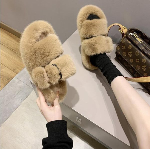 

slippers 2021 winter women house furry fashion faux fur warm shoes slip on peep toe flats female slides plush, Black