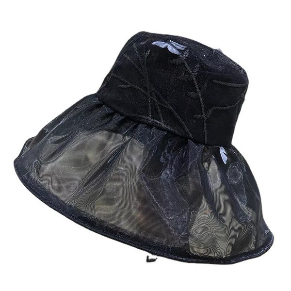 

2021new summer mesh lace fisherman hat outdoor visor hat butterfly three-dimensional embroidery folding sunhats tide, Blue;gray