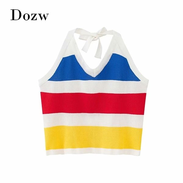 Sexy Backless Beach Tank Donna Summer Stripe Patchwork Ladies Top Fashion Holiday Halter Top lavorato a maglia Donna Ropa Mujer S-L 210515
