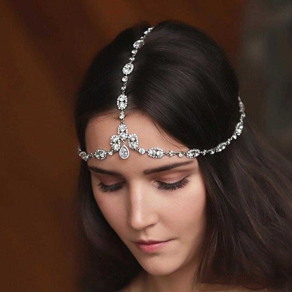 Bohemian strass headband corrente tiara jóias artesanais para mulheres acessórios de cabelo nupcial oval testa cadeia casamento jóias x0625