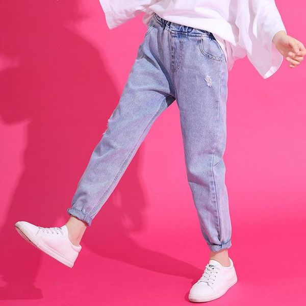 

jeans girls 2021 spring summer korean children kids baby hole casual sports denim trousers pants, Blue