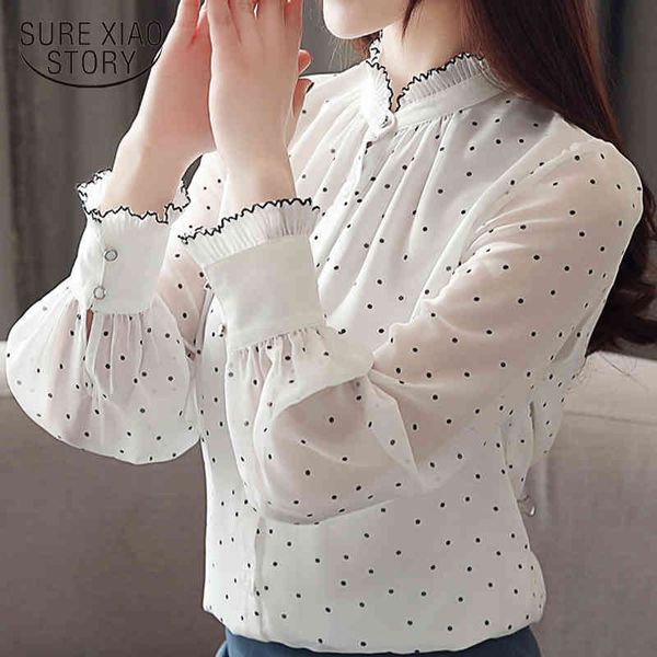 Mode Frauen Frühling Lange Bluse Und Stehkragen Chiffon Shirts Dot Muster Puff Sleeve Dame 2261 50 210415