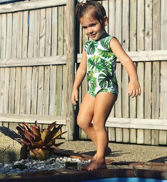 

children's suit children's girls' leaf printed one piece swimsuit, Black