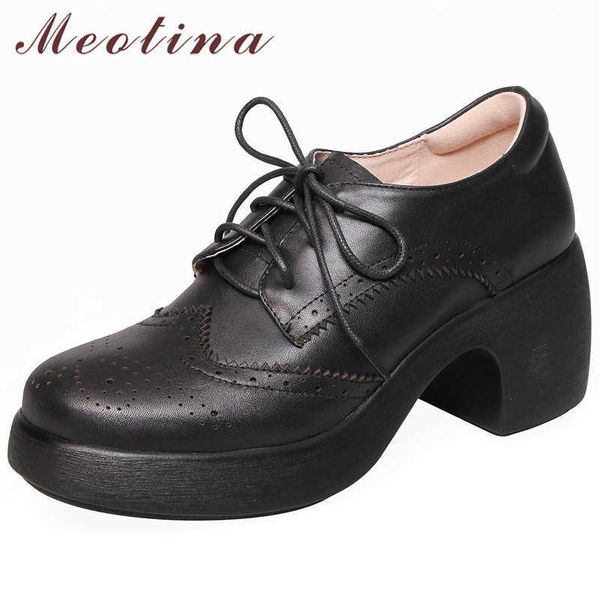 

meotina high heels women shoes natural genuine leather square high heels brogue shoes lace up round toe pumps ladies size 34-40 210608, Black