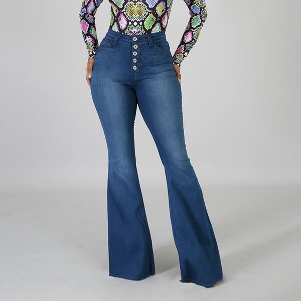 

women's jeans fashion button flare women high waist streetwear denim trousers flared pants office lady blue slim fall