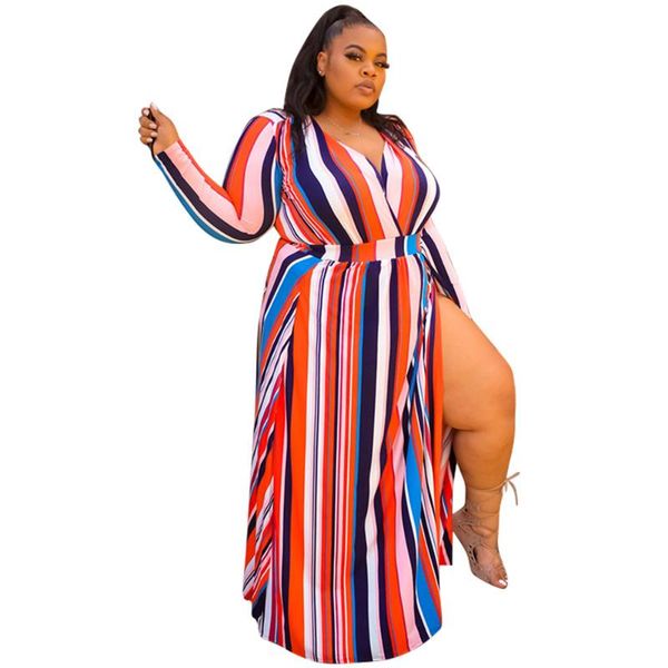 

plus size dresses streetwear striped printed women loose dress fashion v-neck long sleeve split large maxi autumn vestidos, Black