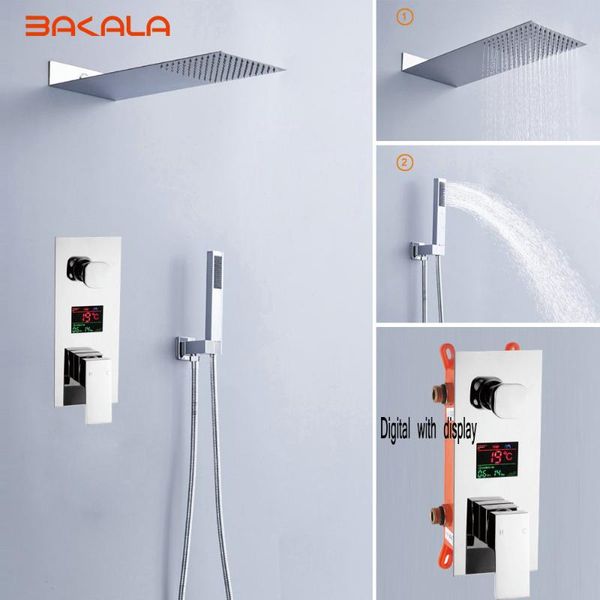 

luxury rain bath combination shower mixer digital wall mounted stainless steel 20" rainfall head chrome polished bathroom sets