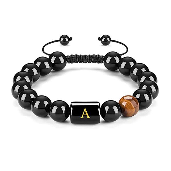 

selling natural black agate bracelet 26 letters natural stone bracelet adjustable bead