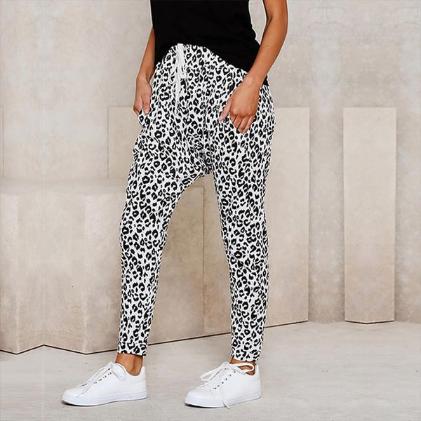 

sweatpant casual leopard print drawstring womens pants elastic waist workout fitness active joggers with pockets, Black;white