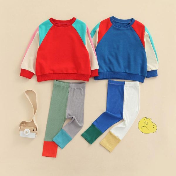 

clothing sets 2 pcs infant casual outfits, girls color block long sleeve round neck sweatshirt + trousers, White
