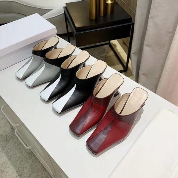

slipper women genuine leather mules shoes square toe brand high heel summer designer slides ladies pumps 2021 original slippers, Black