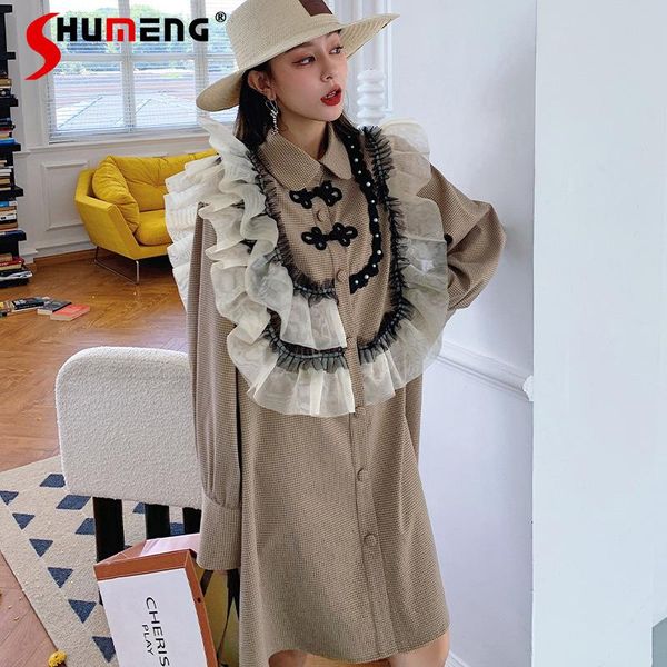 

casual dresses fashion elegant retro lapel long sleeve dress for ladies 2021 autumn lace net falbala stitching plaid shirt women, Black;gray