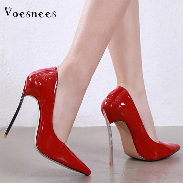 

dress shoes voesnees solid color woman pumps 2021 shiny pointed toe super high heels 13.5cm plus size stiletto model catwalk, Black
