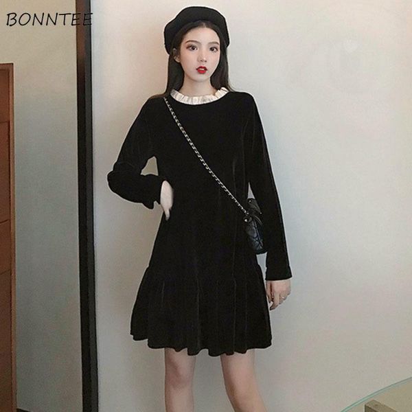 

long sleeve dresses women solid bow ruffles elegant knee-length plus size casual a-line korean style party chic vestidos, Black;gray