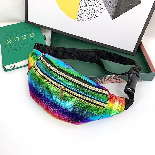 

causal summer women waist packs female laser gradient ladies belt bag fanny pack colorful zipper adjust rainbow pu leather bags