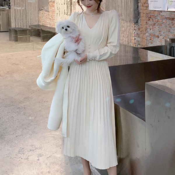 

casual dresses knitted women long sleeve vintage elegant office sweater robe female 2021 spring korean v-neck vestidos de mujer, Black;gray