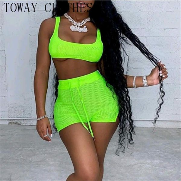 

summer women solid fishnet crop tank & tied detail slit shorts set one-piece suits