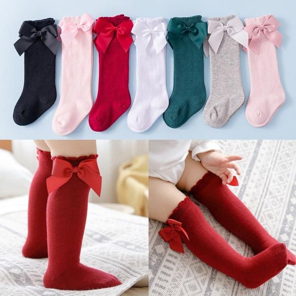 

socks 2021 kids toddlers girls big bow knee high long soft cotton lace baby kniekousen meisje children clothing, Pink;yellow