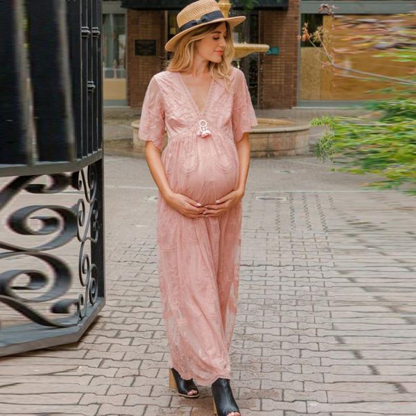 

maternity dresses summer dress solid color short sleeves lace pography props po shoot pregnant, White