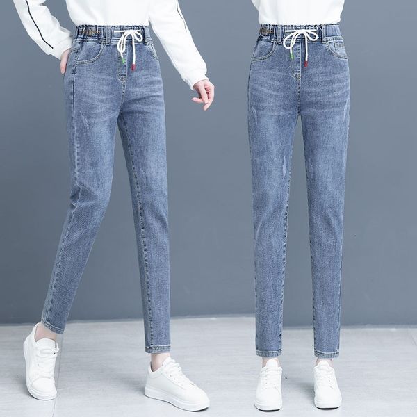

women's jeans straight jeans loose 21 spring and autumn new elastic high waist show thin feet blue ha