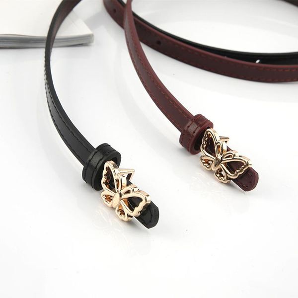 

simple butterfly buckle belt skinny metal gold elastic waistband thin dress accessories women pu leather belts, Black;brown