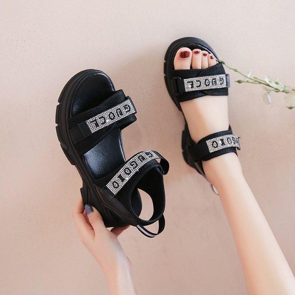 

sandals 2021 summer student flat lattice shoes versatile women's casual thick soled women, Black