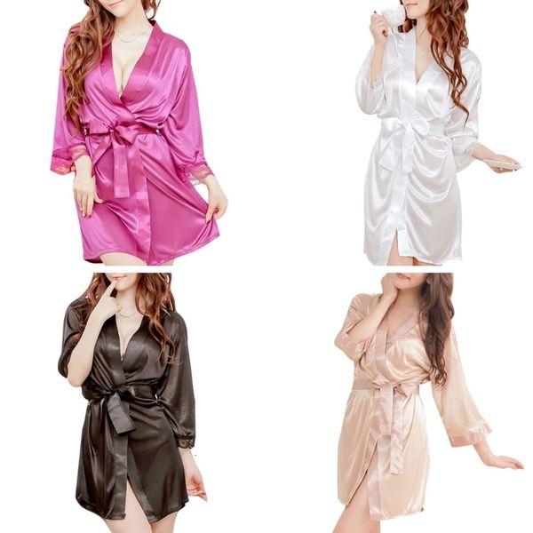 

women's sleepwear short kimono style v-neck bathrobe plain dressing gown bridal party robe plus size i30q, Black;red