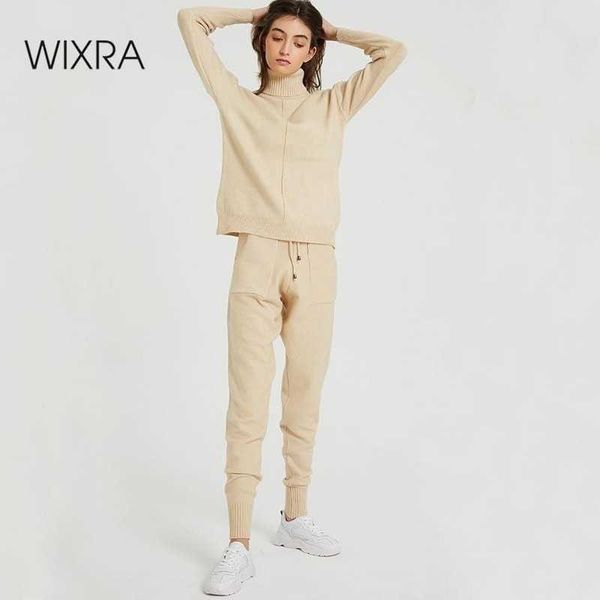 

wixra women's sweater suits and sets turtleneck full sleeve knitted +pockets long trousers 2pcs winter costume 210930, White