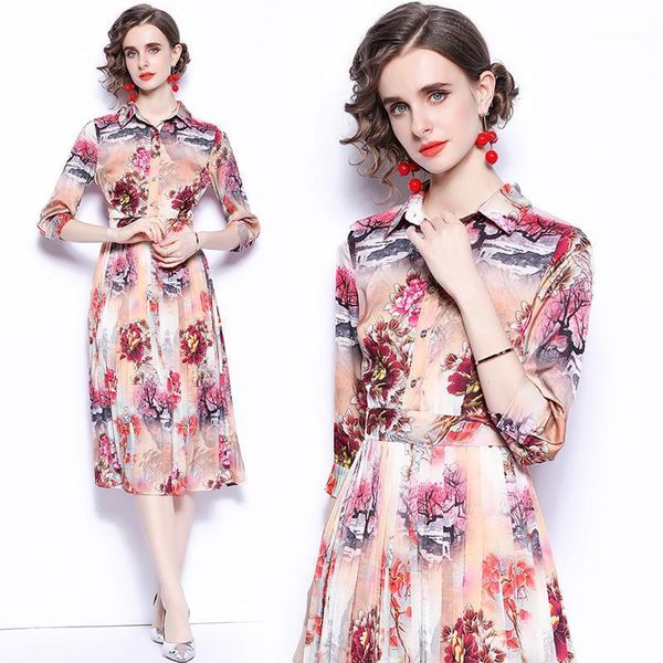 

casual dresses simgent fashion print woman three quarter sleeve turn down collar a line elegant midi slim vestidos sg19295, Black;gray