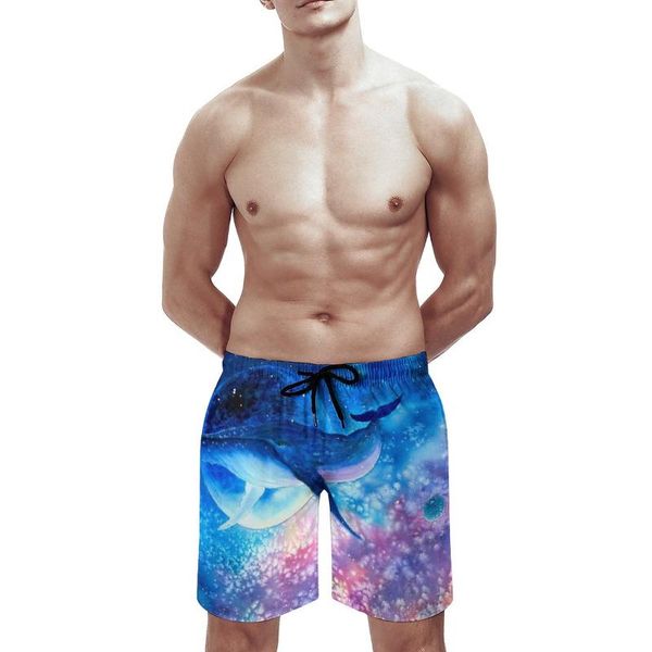 

whale diving into deep space print men's cool beach shorts summer swim trunks quick dry mesh lining board with pockets, White;black