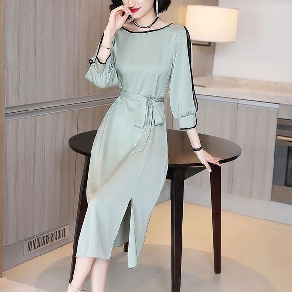 

satin silk dress stylist summer 2021 women three-quarter sleeves hollow lace stitching mid-length elegant waist casual dresses, Black;gray