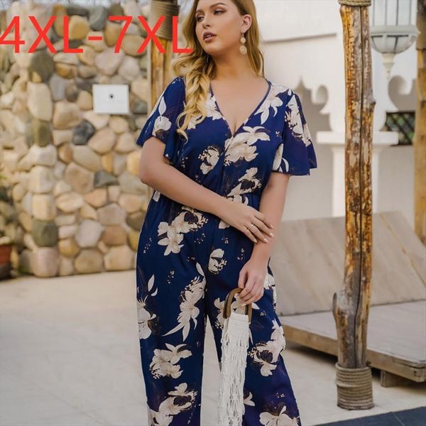 

summer plus size short sleeve women romper loose blue floral print flower v neck long jumpsuits 4xl 5xl 6xl 7xl, Black;white