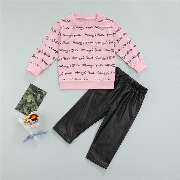 

clothing sets 2pcs toddler baby girls casual sweet clothes sets, fall letter print long sleeve o-neck sweatshirt + solid color leather pants, White
