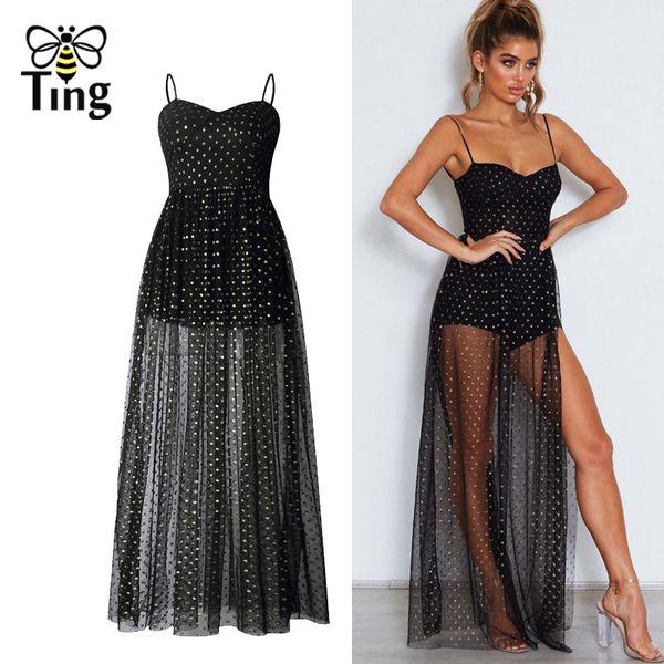 

summer sweetheart neckline glitter poka dot print mesh maxi dress club see through split long dresses 210513, Black;gray
