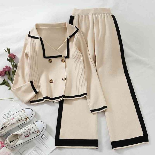 

women's two piece pants women set and stripe double-breasted sweater + high-waisted wide-leg casual knitted suit, White