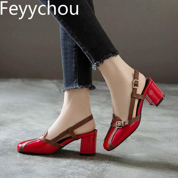 

women sandals med heel square toe thick heels buckle patent leather mixed-colors 2021 fashion casual big size 34-48, Black