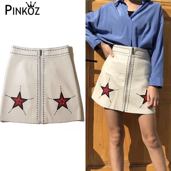 

casual spring summer mini skirt pu slim a-line star pattern 210421, Black;white