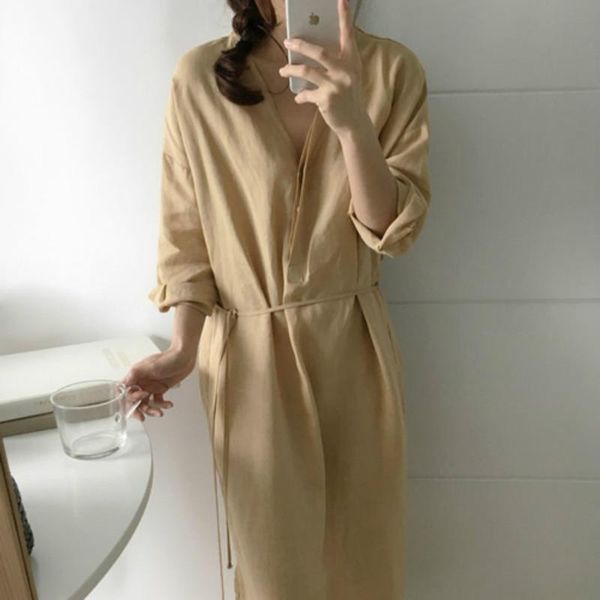 

casual dresses women autumn long shirt maxi dress v neck sleeve vestidos with belt robe femme plus size loose vintage sukienki jurken, Black;gray
