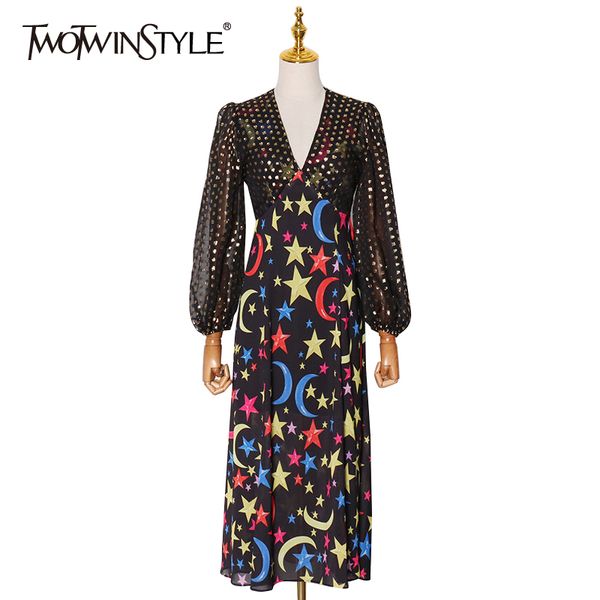 

print star midi dress for women v neck lantern sleeve high waist hit color vintage dresses female spring fashion 210423, Black;gray