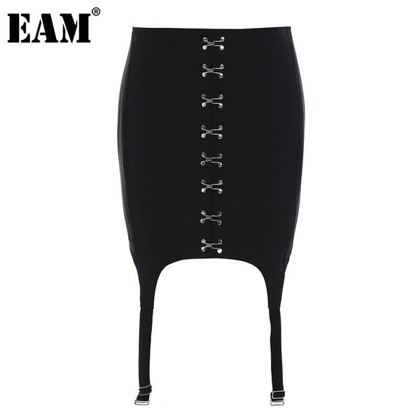 

[eam] high waist black metal buckle slim irregular mini half-body skirt women fashion spring summer 1dd7364 210512